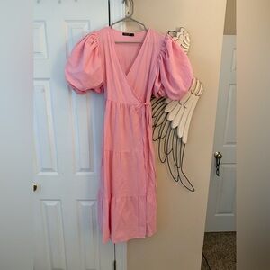 Nasty Gal Linen Look Puff Sleeve Wrap Midi Dress